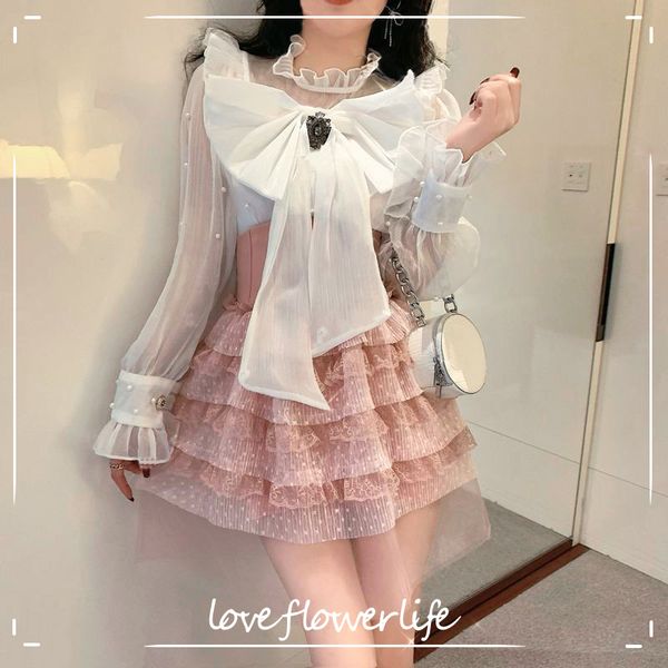 

spring french elegant fashion suits women bow shirts+mini skirts korean style 2 piece sets female kawaii lolita costume y2k 210521, White