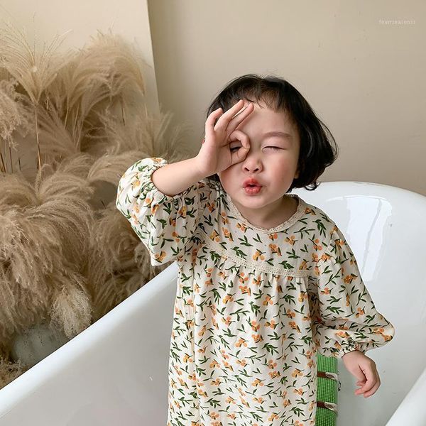 

girl's dresses 2021 spring baby girls printed korean style kids clothes lace ribbon toddlers children long sleeve dress1, Red;yellow