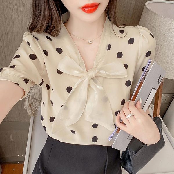 

women's blouses & shirts elegant women bowknot polka-dot lady short-sleeved chiffon blouse blusa feminina fashion ol shirt, White