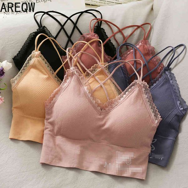 

all-match lace edge v-neck beauty back underwear women's sports thin slim fit without steel ring gathered chest wrap bra 210507, White