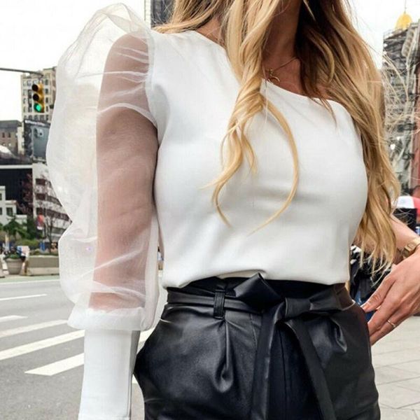 

women's t-shirt hirigin women one shoulder sheer see-through long puff sleeve club t shirts, White
