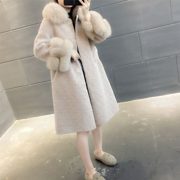 

winter warm fur overcoat with hooded women cashmere coat pu sleeve lamb and hair jacket outerwear, Black