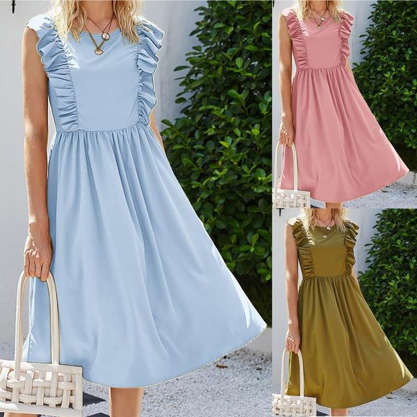 

casual dresses ruffle ladies solid high waist pink dress women o-neck sleeveless midi beach summer vestido mujer robe femme, Black;gray