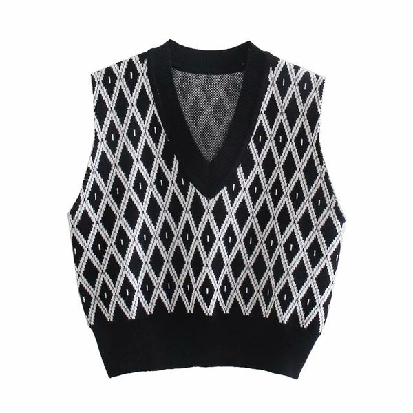 

vintage women loose argyle vest sweaters spring-autumn fashion ladies chic knitted waistcoats casual sweet knitwear 210427, Black;white