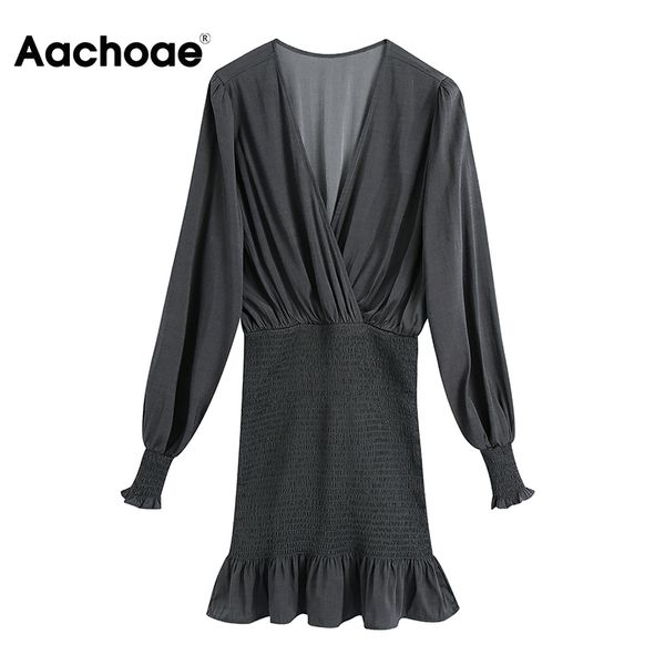 

aachoae solid color party mini dress women v neck ruffles bodycon dress ladies chic long sleeve dresses vestidos mujer 210413, Black;gray