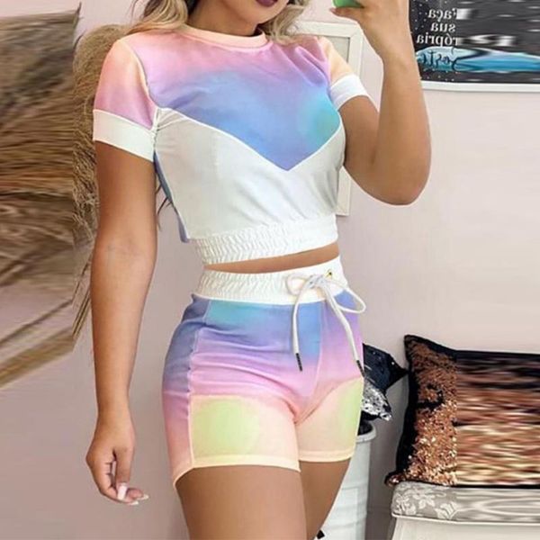 

women's tracksuits drawstring crop short sleeve two-pieces t-shirts sets 2021 loose summer female two pieces shorts t shirts suits, Gray