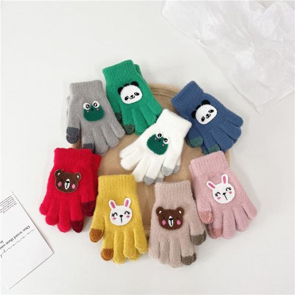 

children's mittens gloves full finger winter cartoon cute animal patch outdoor warm knit protection, White