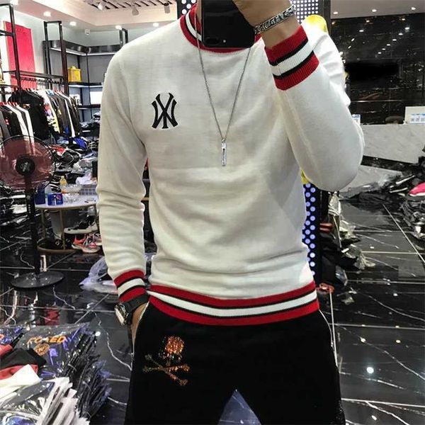 

arrival fashimen sweater o-neck pullovers appliques brand clothing embroidered net red warm knitted 211018, White;black