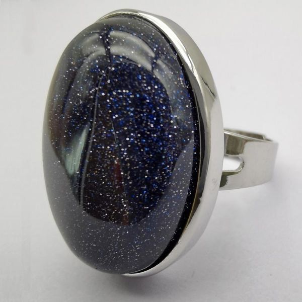 

blue sandstone stone oval bead gem finger ring jewelry for woman gift size 8 x114 cluster rings, Golden;silver