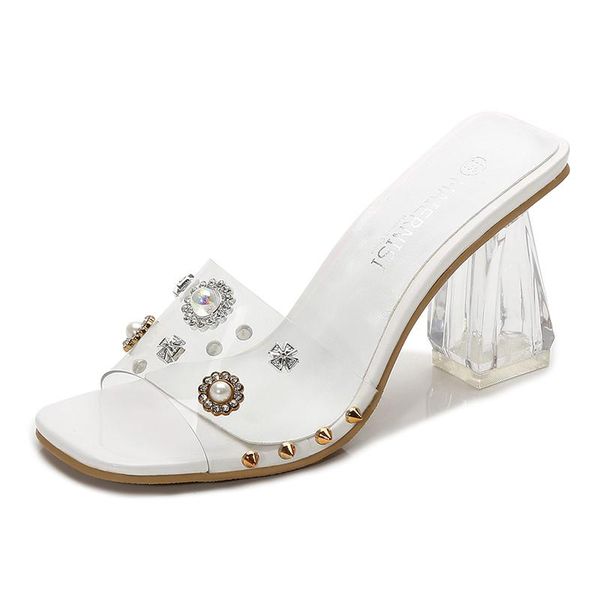 

large size 35-46 female crystal 8cm rivet transparent slippers fashion design shoes high heels, Black