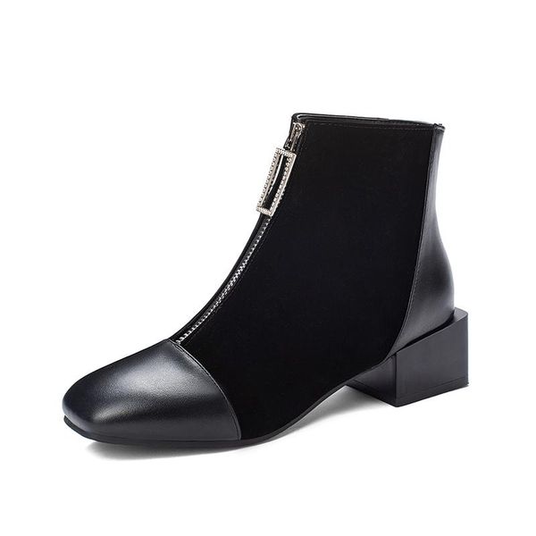 

boots 2021 autumn women faux leather low heel comfort ankle fashion square toe front zipper winter black beige