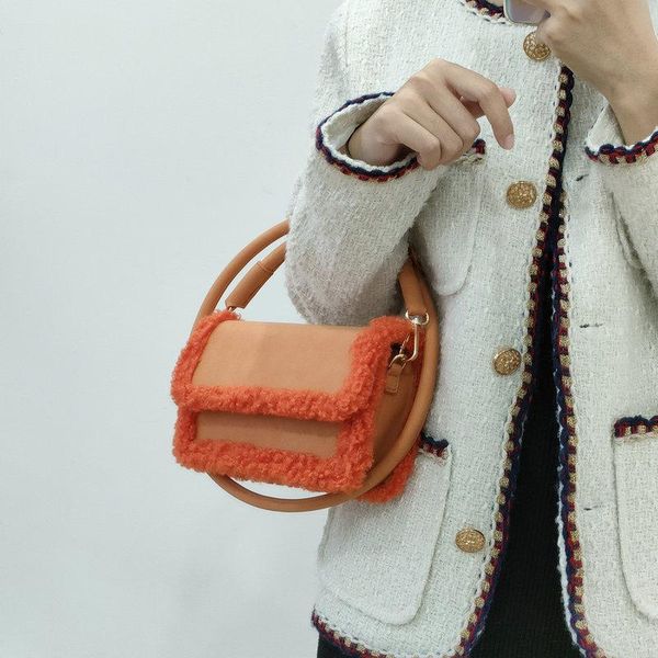 

evening bags women's handbag luxury nubuck leather pu one-shoulder messenger bag fashion lamb wool small flap faux fur