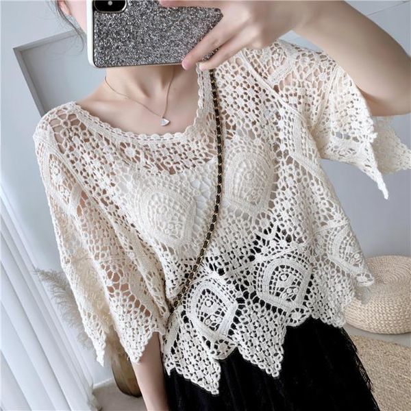 

women's blouses & shirts simple shawl hollow-out sweater thin artistic pullover blouse top, White