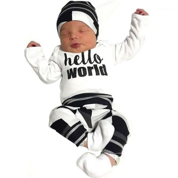 

clothing sets hello world print born infant baby boy romper jumpsuit with pants + hat 3pcs spring autumn boys clothes outfit 0-24m1, White