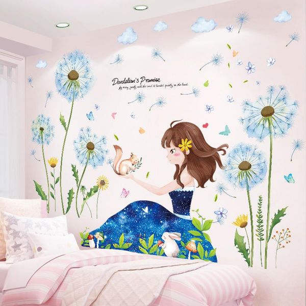 

[shijuehezi] blue color dandelions flower wall stickers diy cartoon girl decals for kids bedroom nursery house decoration