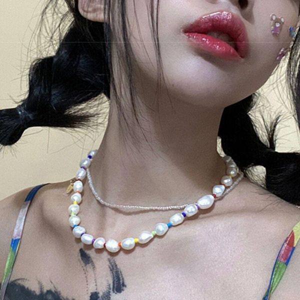 

chokers boho baroque pearl choker necklaces for women vintage fashion colorful beads chain geometric necklace jewelry, Golden;silver