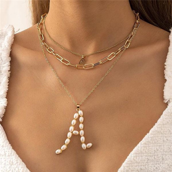 

chains fine geometric letter a inlaid pearl multi layer female necklace jewelry european and american hip hop trend thin chain, Silver