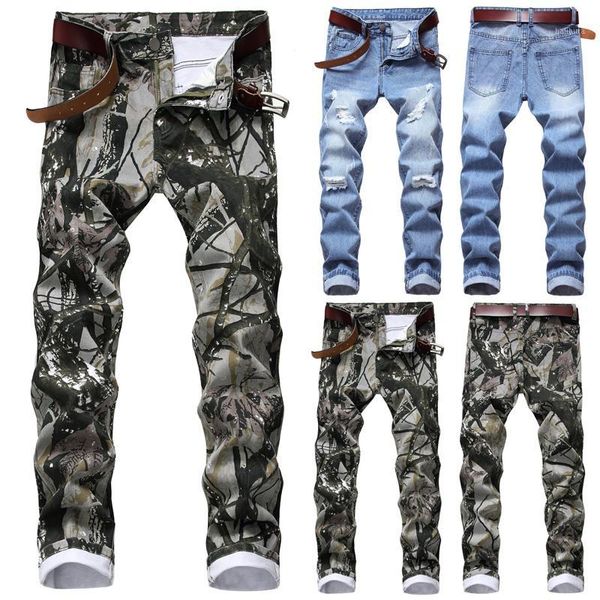 

men's jeans men skinny denim pant floral stretchy slim fit frayed ripped, Blue