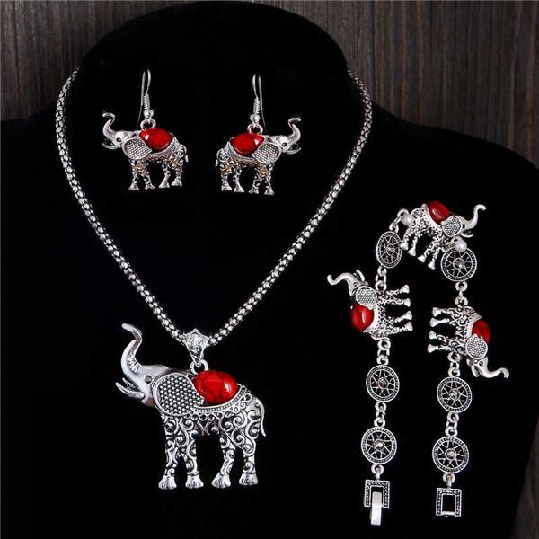 

women's elephant tibetan silver turquoise bracelet earrings necklace set gstqs007 fashion gift national style women diy jewelry sets, Black