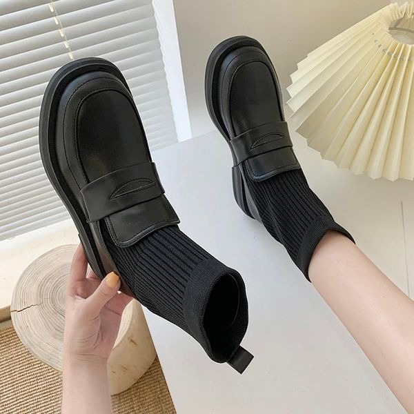 

boots shoes round toe boots-women flat heel luxury designer stockings 2021 low ankle autumn ladies rock fashion leather solid f, Black