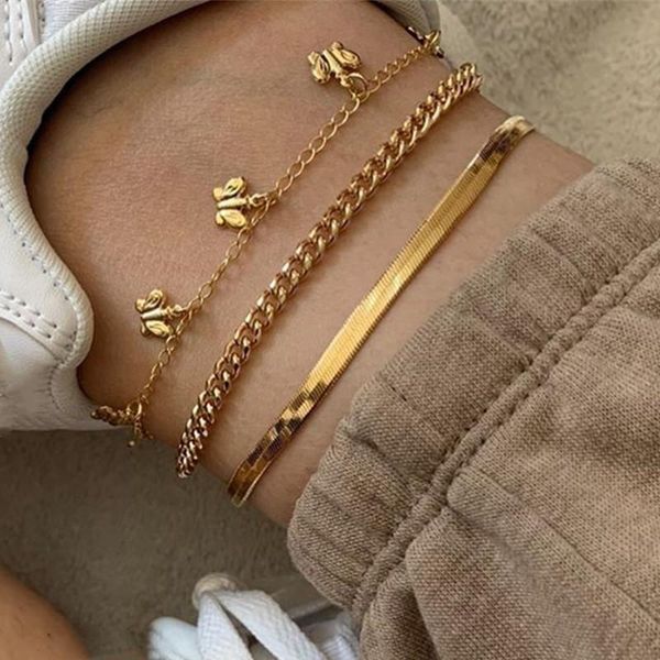 

anklets 3 pcs/set women fashion gold color butterfly pendant for charm snake chain summer foot jewelry gifts, Red;blue