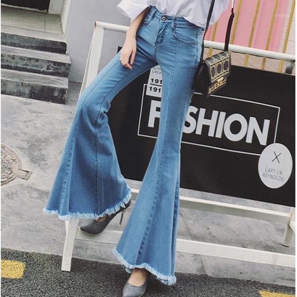 

[ewq] 2021 spring casual korea chic women versatile flare pants zipper loose solid color blue trumpet denim jeans 8y641, Black;white