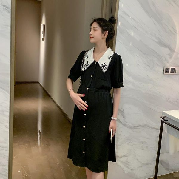 

502# maternity dress summer cotton turn down collar button open short sleeves loose stylish pregnant women mom dresses, White