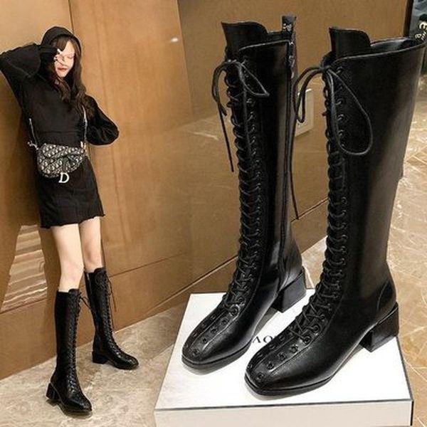 

boots 2021 design women knee high autumn winter warm riding square toe ladies cross tied shoes woman, Black