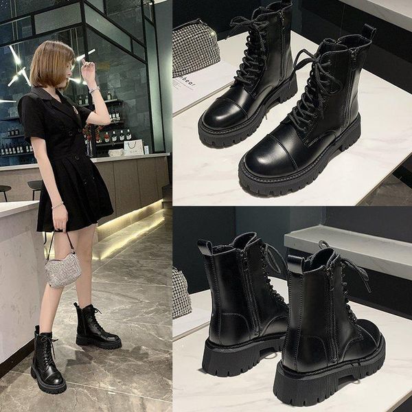 

boots women's leather autumn shoes boots-women zipper luxury designer booties ladies round toe rock ankle 2021 fashion, Black
