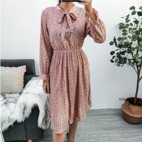 

casual dresses elegant bowknot neck polka dot floral print party dress women 2021 spring autumn fashion long sleeves office lady, Black;gray