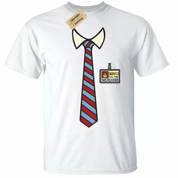 

full time nerd t-shirt mens funny tie necklace geek uniform gift, White;black