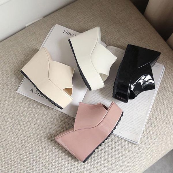 

ladies platform sandals peep toe wedge heel mules summer fashion for woman super high leather slides slippers, Black