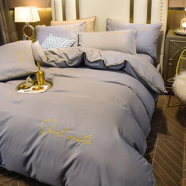 

embroidery egyptian cotton gray bedding set us  king size 2/4pcs duvet cover deep pocket fitted sheet bed pillowc sets