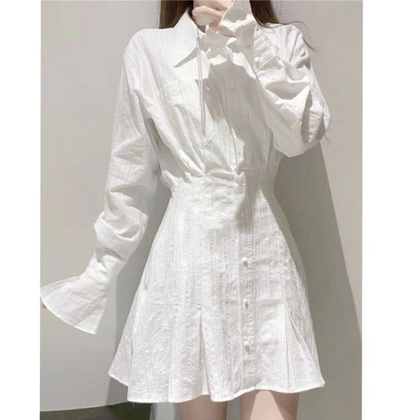 

spring korean chic casual woman turn down collar solid color single breasted long sleeve trumpet shirt dress 8y921 210510, Black;gray