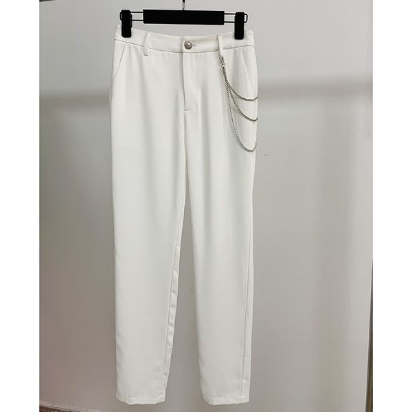 

Hot New Style Top Quality Original Design Women's Silver Metal Buckles Hanging Chain Long Trousers Pants, Black;white