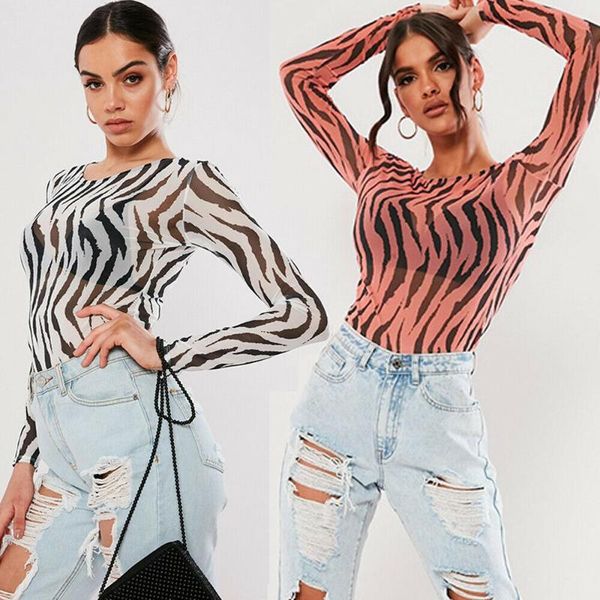 

women's blouses & shirts women zebra print transparent mesh sheer o neck long sleeve shirt blouse, White