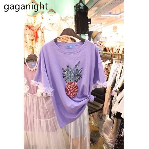 

purple lace patchwork tshirt pineapple sequins bling t shirts short sleeve summer fashion lady chic korean 210601, White