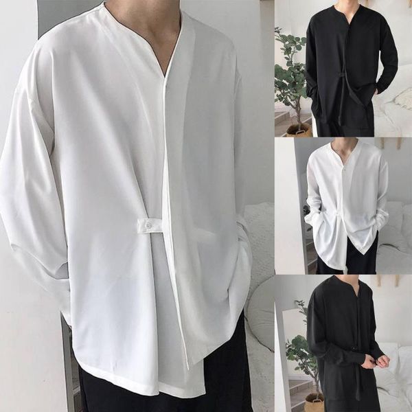 

men's casual shirts fashion men shirt v neck button long sleeve solid color korean streetwear irregular clothing 2021, White;black