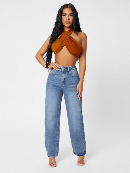

petite high waist straight jeans t28c#, Blue