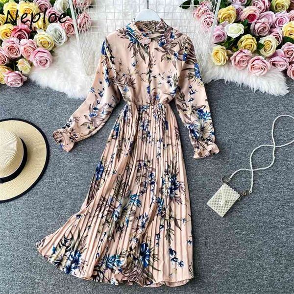 

neploe stand collar chiffon print dress women summer new elegant slim fit pleated dresses chic button big swing vestidos 210423, Black;gray