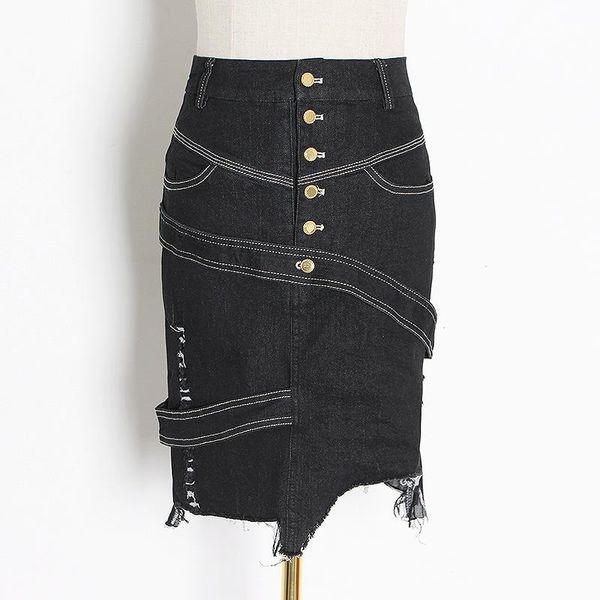 

skirts 2021 summer metal buckle irregular denim retro frayed a-line skirt 0504, Black