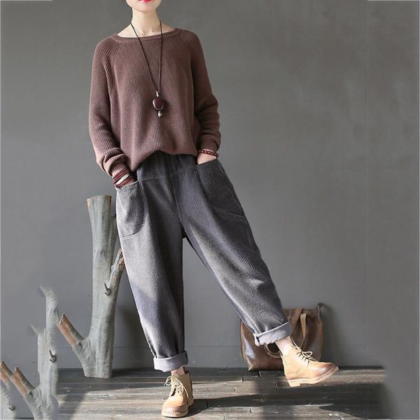 

women's pants & capris vintage pockets corduroy solid women trousers joggers loose casual plus size l-5xl pantalon femme ropa mujer, Black;white