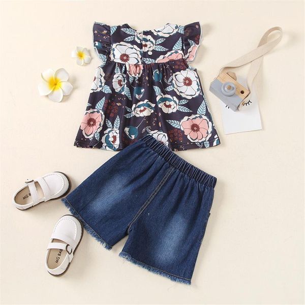 

kids baby girls 2pc clothes summer set floral print pattern short sleeve round collar hole button pocket shorts clothing sets, White