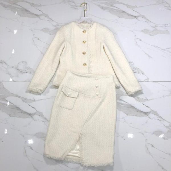 

two piece dress 108099 women blazer with belt long skirt pieces set, White