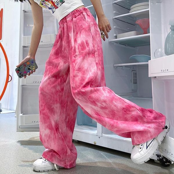 

sports summer y2k tie dye women capri harajuku vintage corduroy elastic waist straight baggy wide leg trouser, Black;white