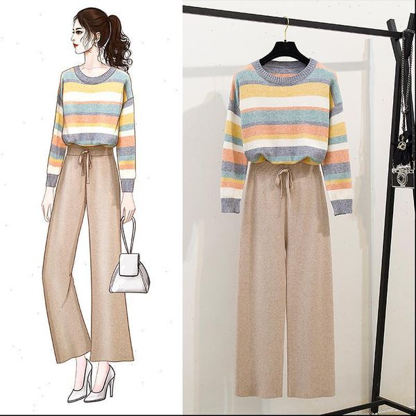 

rainbow sweater cute knitted womens tracksuits 2 piece set wide leg pants casual korean two outfits 2pcs girl clothing, Gray