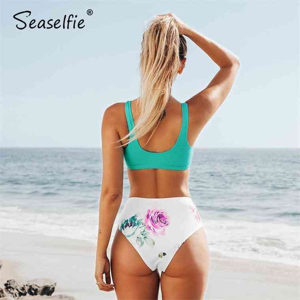 

seaselfie aqua zip white floral mid waist bikini sets women tank two pieces swimsuits 2021 beach swimming suit swimwear, White;black