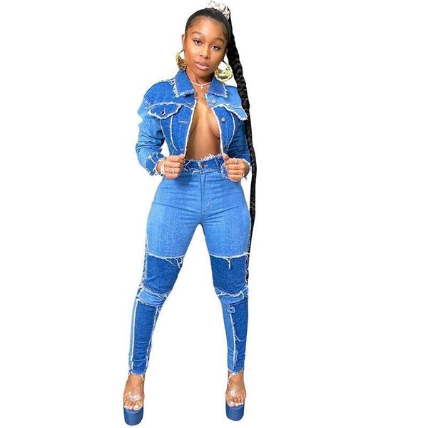 

blue denim two piece set womens tracksuits jeans suit long sleeve jacket crop and pants 2 club outfits matching, Gray