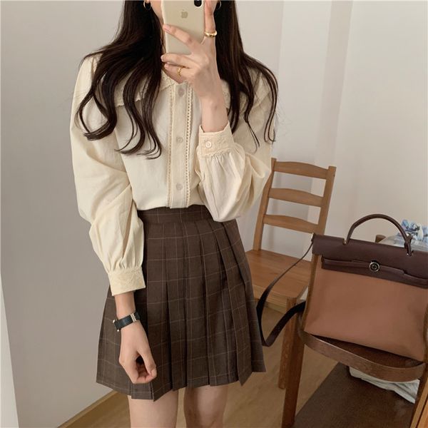 

women's blouses & shirts plus size s-xl korean cotton linen 2021 vintage patchwork lace office lady ol sweet girls jinr, White