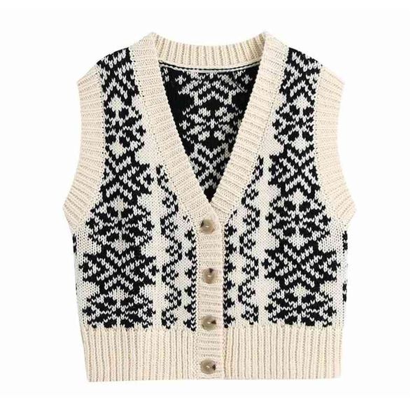 90er Jahre Vintage geometrische Blume gestrickte Pullover Weste Preppy Style koreanische Kleidung V-Ausschnitt ärmellose Strickjacke Y2K Strickwaren 210429